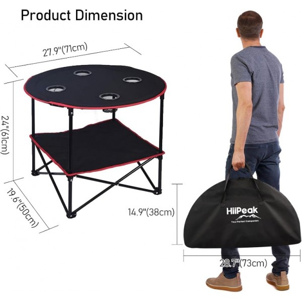 HiiPeak Camping Table, Folding Picnic Table with 4 Cup Holders and Carrying Bag, Portable Camp Table with Handle Design for BBQ Outdoor Fishing Beach Picnic Travel, Camping Essentials Black Table