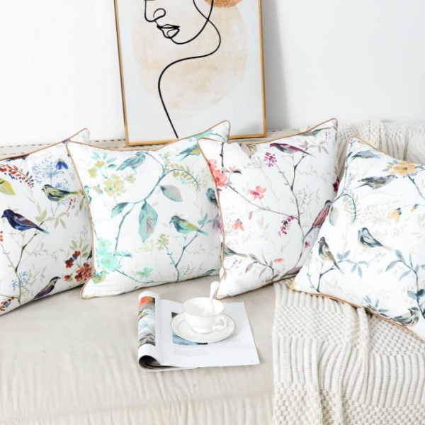 Square Decorative Throw Pillow Covers, Botanical Grey Birds Printed Soft Touch Cushion Covers, 18 x 18 Inches Throw Pillowcase for Sofa Bed, Set of 2